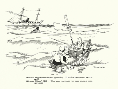 Distressed Tripper, (as rescue-boat approaches), "I say! it looks like a private yacht!" / Distressed Tripper's Wife, "How very fortunate you were wearing your new shirt!" (litho)