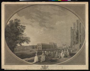 South-East View of Windsor Castle with the Royal Family on the Terrace and a view of the Queen's Palace, 21 July 1783 (engraving)