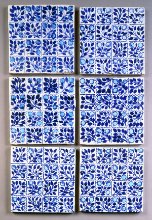 Six blue 'Small Bough' square tiles,  (ceramic)