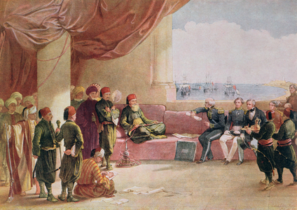 Mohamed Ali receiving envoys from Great Britain in his palace at Alexandria  on May 12, 1839 (colour litho), 1849