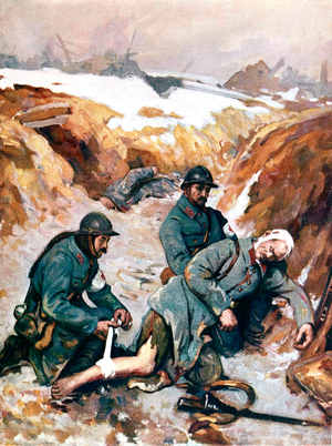 Red Cross nurses dressing awounded soldier, 1917, painting by Baude