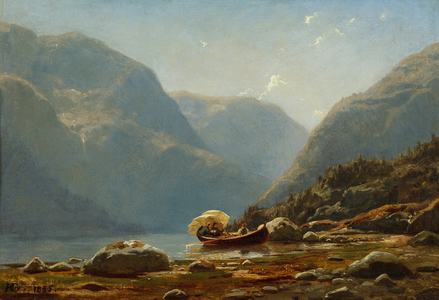 Fjord landsacpe with people in rowing boat, 1855
