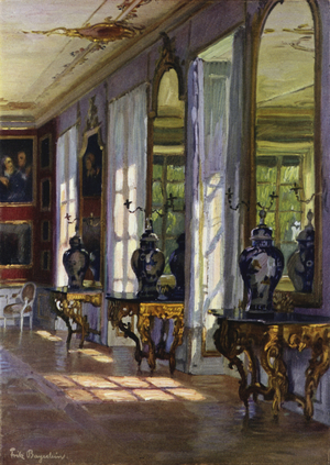 Gallery of Paintings in Castle Ansbach; the window side, Interior arrangement and decoration about 1760 (colour litho)