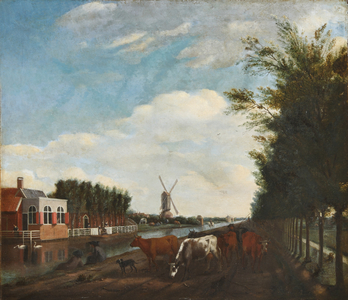 Cows by a Canal with Two Fisherman