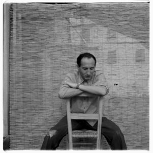 Eugenio Carmi in his studio, possibly Rome Italy, mid 1960' (b/w photo)