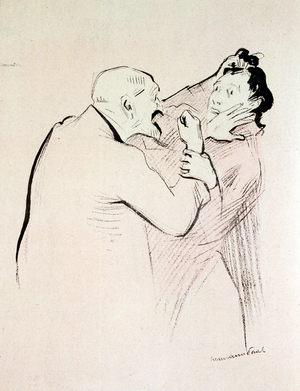 Caricature in L'Assiette du Beurre, 1906, depicting an angry husband threatening his wife