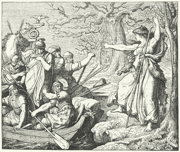 The Roman general Nero Claudius Drusus on the River Elbe, 9 BC (engraving)