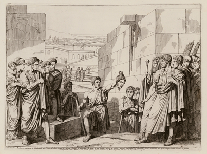 Discovery of the severed head of a man while digging the foundations of the Temple of Jupiter, Rome (etching)