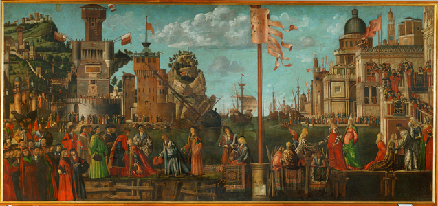 The meeting of Ursula and her fiance Ereo: departure of the pilgrims (painting on canvas)