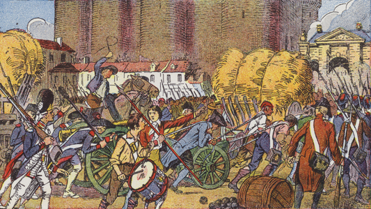 The storming of the Bastille, Paris, 14 July 1789 (colour litho)