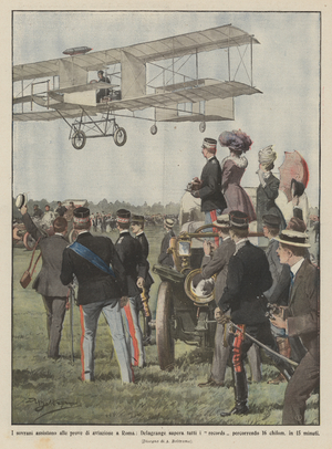 The sovereigns attend the aviation tests in Rome, Delagrange surpasses all the records  (colour litho)
