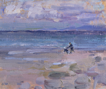 Man & Dog on Friog Beach (oil on board)