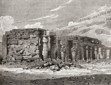 The Memnonium at Thebes, as it was in the early 19th century. From Cassell's Universal History, published 1888 (b/w engraving)