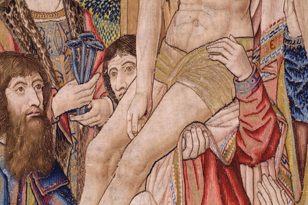 Flemish tapestry. Series The passion of Christ: Descent from the cross (Kruisafneming, Descendimiento de la cruz). Manufacture Pieter van Aelst. Cartoonist Jan van Roome. Ca 1507-1520. Detail.