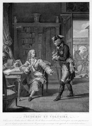 France/Germany: 'Frederick II of Prussia and Voltaire'. Copper engraving by Pierre Charles Baquoy (1759-1829) after Nicolas-Andre Monsiau (1754-1837), c. 1800