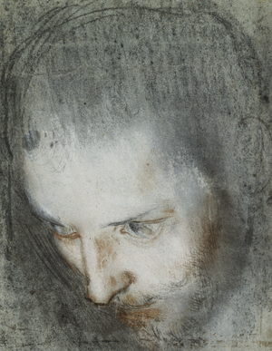 Head of St. Francis looking upwards to the left, (black, red and white chalk on gray paper)