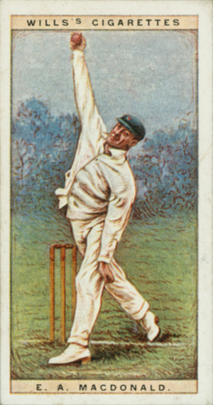Cricketers, 1928: E A Macdonald, Lancashire (colour litho)