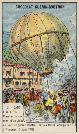 First launch of a hot air balloon by the Montgolfier Brothers, Annonay, France, 5 June 1783 (chromolitho)