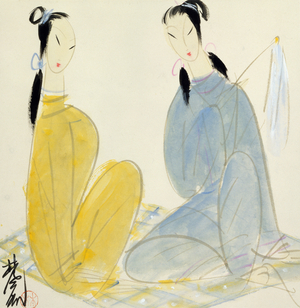 Two Seated ladies (ink and colour on paper)