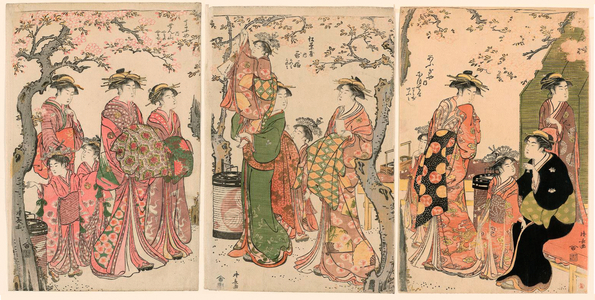 Courtesans and their Child Attendants under Blossoming Cherry Trees, 1785 (colour woodblock prints; oban triptych)
