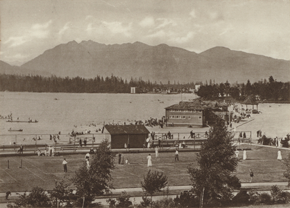 Kitsilano Beach, English Bay and Grouse Mountain (b/w photo)