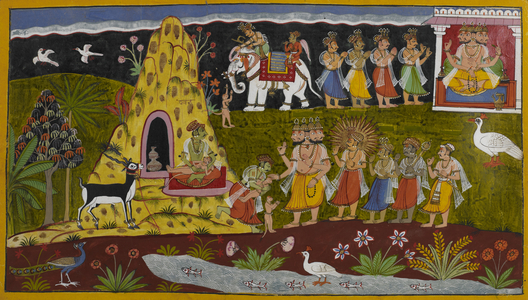 The creatures plead with Brahmā, who revives Hanumān, and the gods grant him great strength, 1653 (miniature)