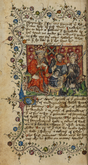 Half-page miniature with Cosmas, Ypocras below, and two men with spears and three hawks on their arms, with Kerdeston's shield. Background of red and yellow. Text and floral border.