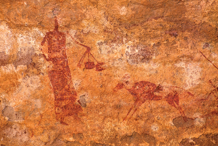 Rock painting depicting a woman carrying food, Tassili n’Ajjer, Tadart Rouge - Period of the horse, Tassili n'Ajjer, Algeria, 2000 (photo)