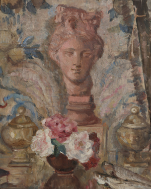 Still Life with Terracotta Head and a Vase of Flowers (oil on canvas)