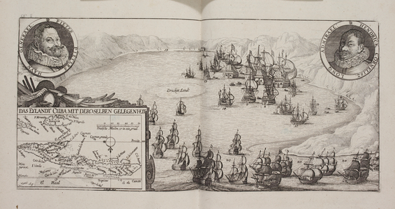Illustration showing ships in a harbour. A small inset map of Cuba, 17th century.