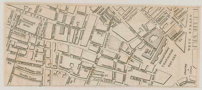 Map of Leicester Square, London, and its environs (engraving)