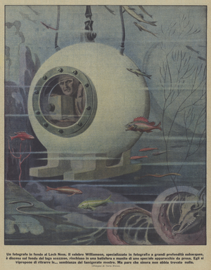 A photographer at the bottom of Loch Ness (colour litho)