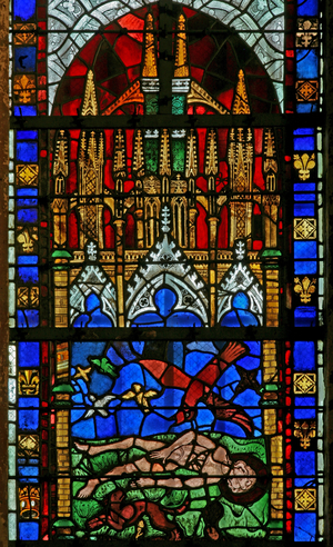 Window w10 depicting the corpse of St Vincent being abandoned and protected from the animals by a raven (stained glass)