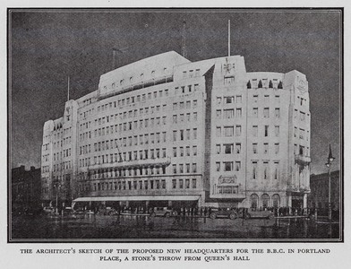 Architect's sketch of the new BBC headquarters in Portland Place, London (b/w photo)