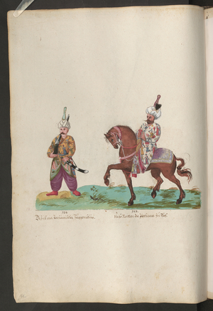 Soldiers from various lands and cultures: a Persian soldier with a rifle and a high-ranking Persian on horseback