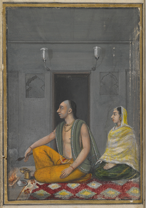 Members of the Akan Hutari sect. Members of this sect used to shave their beards. After death the bodies of members used to be burnt. A painting from a nineteenth century manuscript of Fuqara'-i Hind, a text describing the different Hindu religious sects
