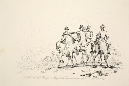 The Duke of Wellington and Staff at the commencement of the Battle, pub. J. Booth, 1816 (engraving)