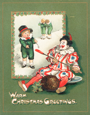 Clown stealing the Plum Pudding, Christmas Card (chromolitho)