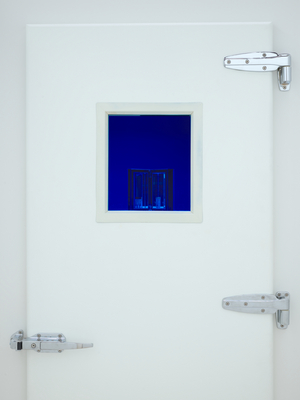Room #8, 2006-2018 (lab door, mirror infinity box in blue light, vial of synthetic DNA, vial of LYNNHERSHMAN ANTIBODY, and four digital prints)