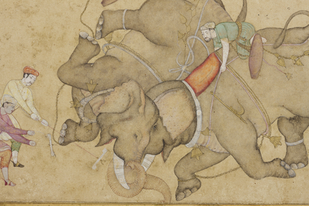 Detail from an elephant combat, with border floral arabesque, c.1610 (opaque w/c & gold on paper)