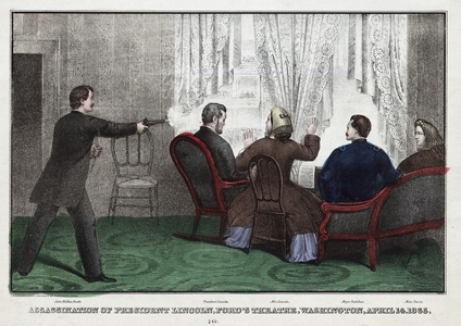 Assassination of President Lincoln, Ford's Theatre, Washington, April 14, 1865, pub. 1865 (hand coloured engraving)