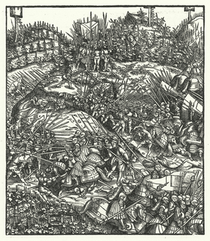Archduke Maximilian of Austria and his army fighting the French, 1478 (engraving)