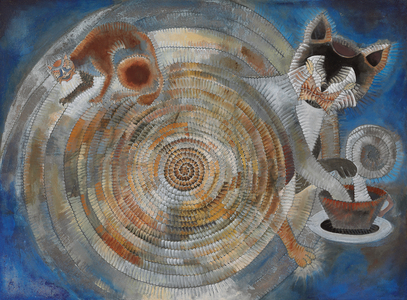 Tea Cat; Gato del te, 1978 (oil, ink and sand on masonite)