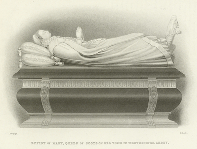 Effigy of Mary, Queen of Scots on her tomb in Westminster Abbey (engraving)
