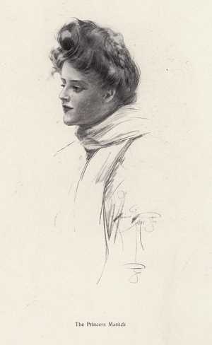 A character, Countess Frina Mavrodin from the novel, The Princess Moritza, by Percy Brebner (litho)