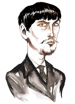 Achille-Claude Debussy, French composer (1862-1918), ink caricature as a young man