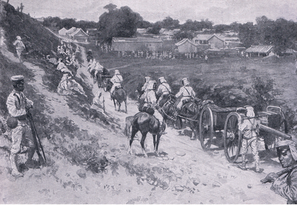 Admiral Seymour's expedition: Japanese troops on the march (litho)
