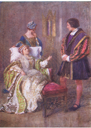 "Mens evil manners live in brass: there virtues we write in water" (King Henry VIII), from The Complete Works of Shakespeare published by George Harrap & Co Ltd, 1920's (colour litho)