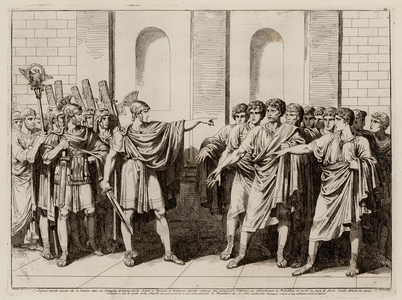 Scipio Africanus forcing the leaders of Rome not to abandon the Republic after the Battle of Cannae, 216 BC (etching)