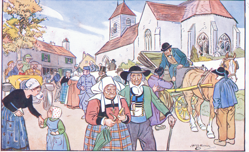 Sunday in the village, illustration from Bell's French Picture Cards, c.1920 (colour litho)